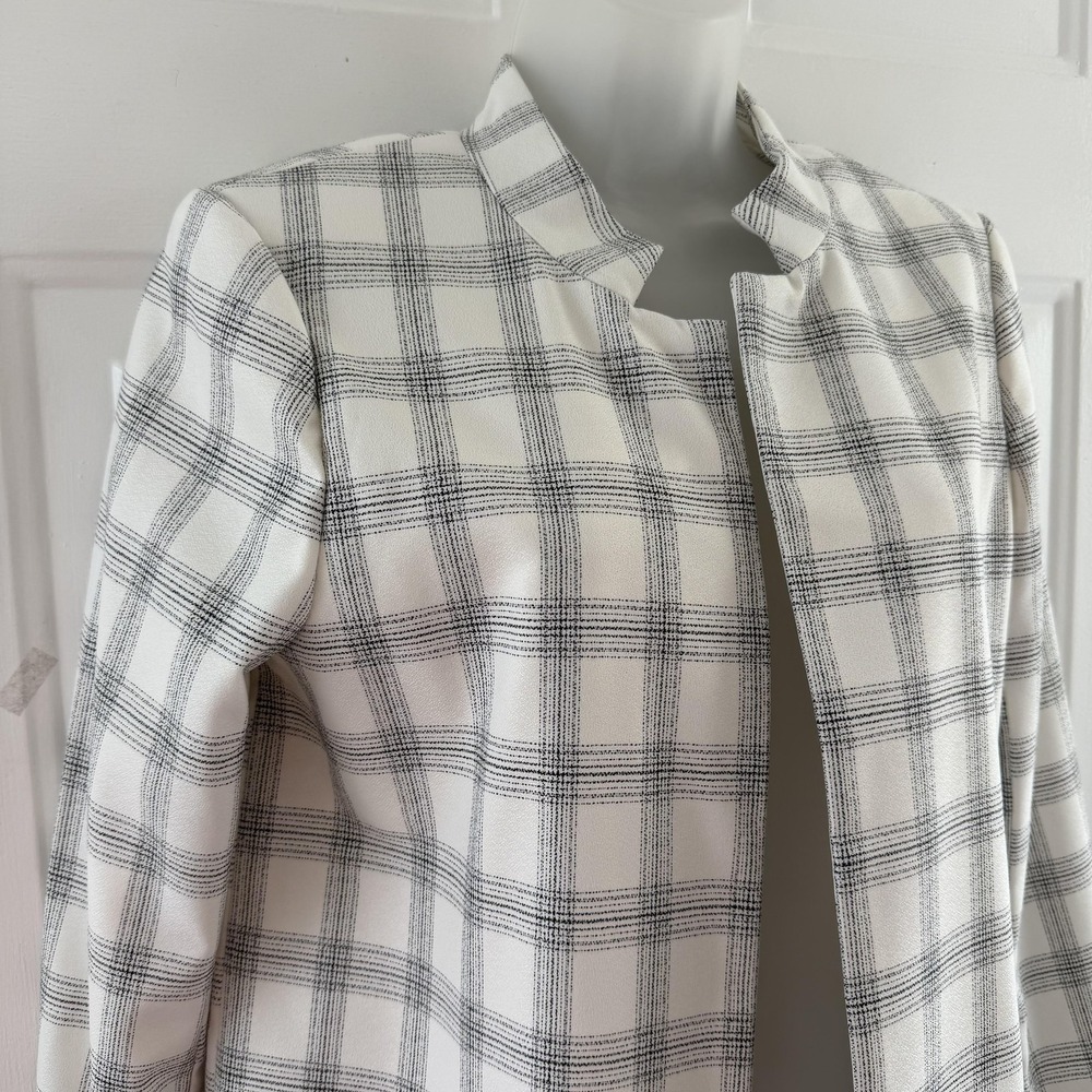 Carolina Belle Coat Womens Medium White Plaid Crepe Open Front Overcoat Minimal - Picture 3 of 16